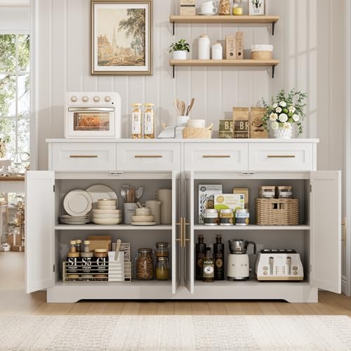 60" W Sideboard Buffet Cabinet with Storage, Kitchen Cabinet, White, view 6