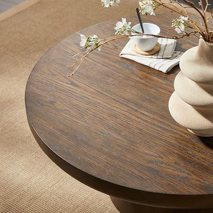Round Coffee Table 36" Wood for Living Room Large Modern Solid Wooden Drum Circle Farmhouse Center Mid-Century Sofa Side Coffee Tables for Apartment Home Furniture Cocktail Tea Brown Easy Assemble