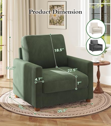 35.5in Corduroy Sofa Accent Chair, Tool-Free Setup Living Room Couch Accent Chairs, Reading Chair for Bedroom 22.5in Extra Deep Seats, Comfy Arm Chairs for Office, All-Wood Reading Nook Green