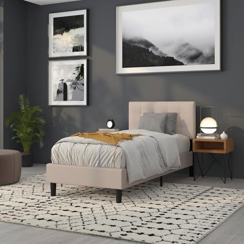 Contemporary Twin Fabric Panel Headboard, Beige Upholstery, Adjustable Metal Bed Rail Slots, Button Tufting and Box Stitch Design, 22" H x 39.25" W, Modern Bedroom Furniture