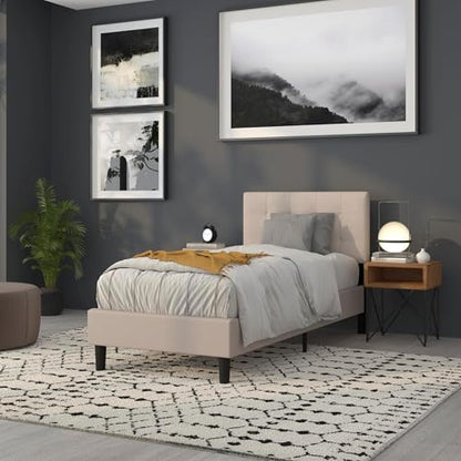 Contemporary Twin Fabric Panel Headboard, Beige Upholstery, Adjustable Metal Bed Rail Slots, Button Tufting and Box Stitch Design, 22" H x 39.25" W, Modern Bedroom Furniture