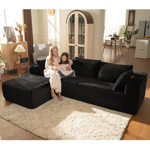106" L Shaped Cloud Sectional Couch with Chaise, Corduroy Boneless Couch with Wide Armrests and Cup Holders for Living Room Bedroom, No Assembly Required (Black)