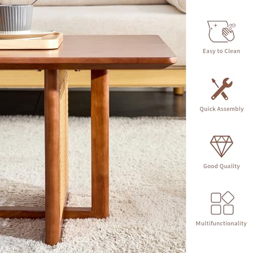 Coffee Table for Living Room, Rectangle Solid Wood Table Top, Modern Imitation Rattan Coffee Table, Cross Table Legs Tea Table for Apartment Small Space (Walnut)