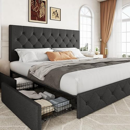 Upholstered King Size Platform Bed Frame with 4 Storage Drawers and Headboard, view 2