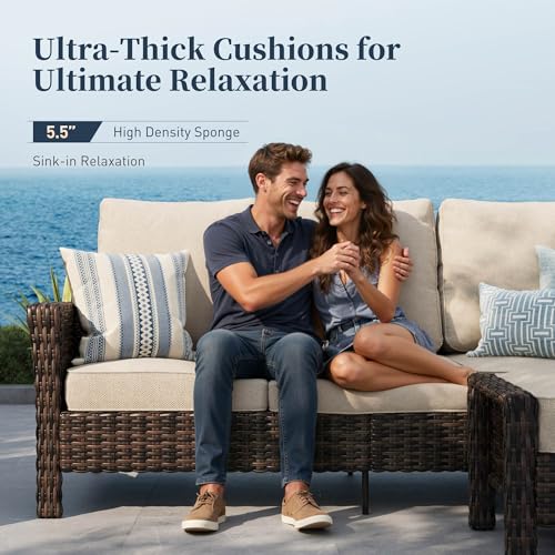5 Pieces Patio Furniture Set with Swivel Chairs, High Back Wicker Rattan Sofa with Extra Thick Cushion and Ottoman, Outdoor Conversation Set for Garden Backyard Deck,Beige
