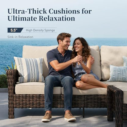 5 Pieces Patio Furniture Set with Swivel Chairs, High Back Wicker Rattan Sofa with Extra Thick Cushion and Ottoman, Outdoor Conversation Set for Garden Backyard Deck,Beige