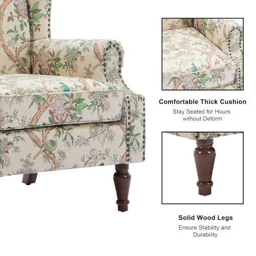Accent Chair, Upholstered High Back Armchair with Nailhead Trim & Wood Legs, Comfy Wingback Reading Single Sofa Chair for Small Spaces, Living Room, Bedroom (Bird, Set of 1)
