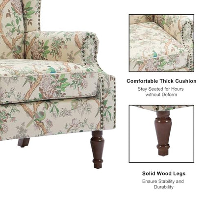 Accent Chair, Upholstered High Back Armchair with Nailhead Trim & Wood Legs, Comfy Wingback Reading Single Sofa Chair for Small Spaces, Living Room, Bedroom (Bird, Set of 1)