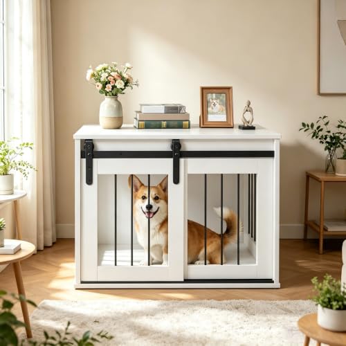 31.5" Dog Crate Furniture with Sliding Barn Door, Wooden Dog Kennel, view 2