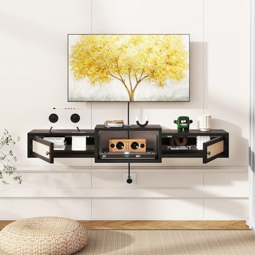 Modern Rattan Floating TV Stand with Doors, view 3