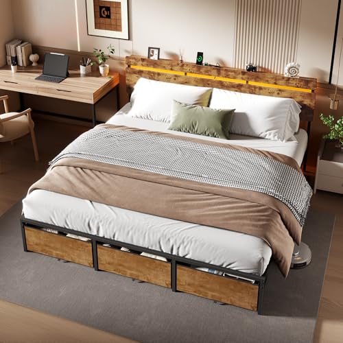 King Size Bed Frame with Wood Headboard,3 Storage Drawers & Shelf, view 6