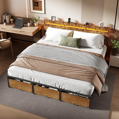 King Size Bed Frame with Wood Headboard,3 Storage Drawers & Shelf, view 6