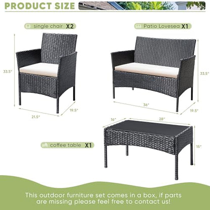 Patio Furniture 4 Pieces Conversation Sets Outdoor Wicker Rattan Chairs Garden Backyard Balcony Porch Poolside loveseat with Cushion and Glass Table, Black and Beige