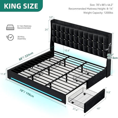 King Size Bed Frame, 4 Drawers and RGB LED Light,Charging Station, view 3