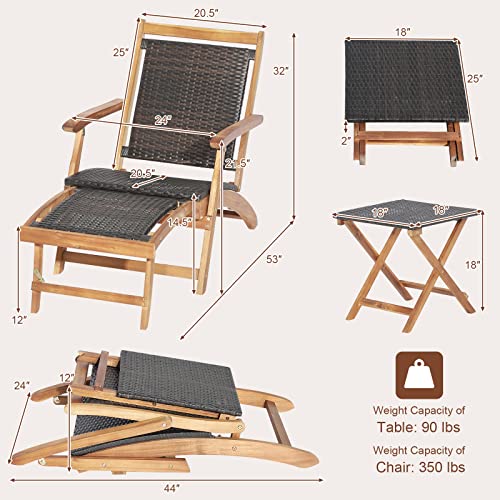 Patio Lounge Chair and Side Table Set, Acacia Wood Wicker Folding Table and Armrest Chair with Retractable Ottoman, Outdoor Chaise Lounger for Garden, Backyard, Poolside, Balcony