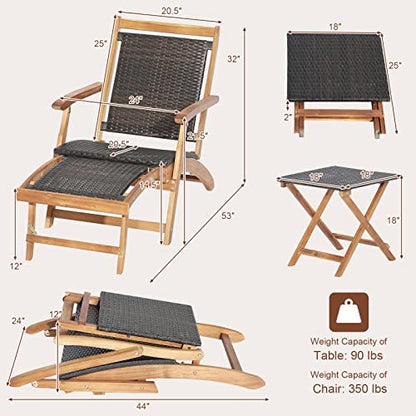 Patio Lounge Chair and Side Table Set, Acacia Wood Wicker Folding Table and Armrest Chair with Retractable Ottoman, Outdoor Chaise Lounger for Garden, Backyard, Poolside, Balcony