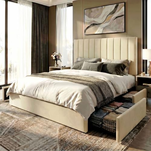 Queen Platform Bed Frame with 4 Storage Drawers, view 2
