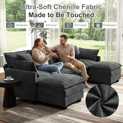 107" Cloud Couch Sectional, U Shaped Modular Sectional Sofa, 4-Seat Deep Seat Couch with 6 Removable Washable Pillows and 2 Ottoman for Living Room, Bedroom, Apartment, Black Grey