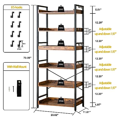 Adjustable 6 Tier Open Bookcase, Rustic Farmhouse Book Shelves, Industrial Wood and Black Metal Bookshelves, Mid Century Bookcase for Home Office Living Room Bedroom