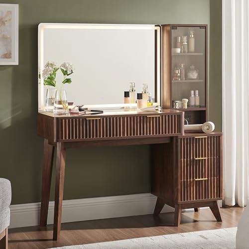 48" Fluted Makeup Vanity Desk with 36" Lighted Mirror, Dark Walnut, view 2