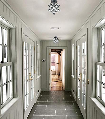 Moravian Star Light Flush Mount Ceiling Light with Seeded Glass Shade Black for Living Room Bedroom Bathroom Hallway
