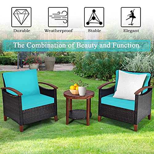 3 Pieces Patio Furniture Set, Outdoor Rattan Sofa and Side Table w/Solid Acacia Wood Frame, High Load Bearing Conversation Bistro Set w/Washable and Removable Cushions (Turquoise)