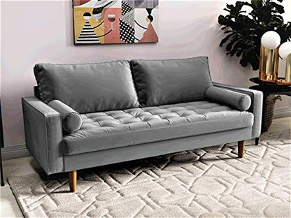 S5457 Mid Century Modern Velvet Upholstered Tufted Living Room Sofa, 69.68", Grey