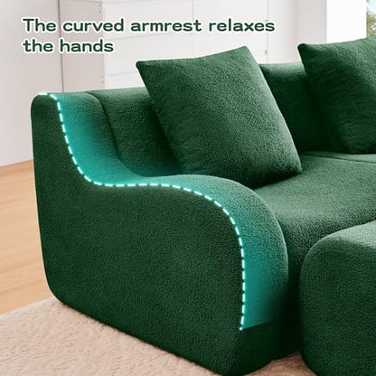 81.7” Sectional Boneless Sofa Couches, 2 Seater L-Shaped, Streamlined Design, No Assembly Modular Teddy Fabric Sofa for Living Room, Bedroom, Apartment, Home Office (Green)