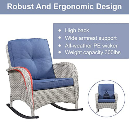 Outdoor Rocking Chairs Set of 2, Wicker Rocker Rocking Chairs for Porch, 3 Pieces Patio Furniture Sets Rocking Bistro Set with Cushions and Side Table