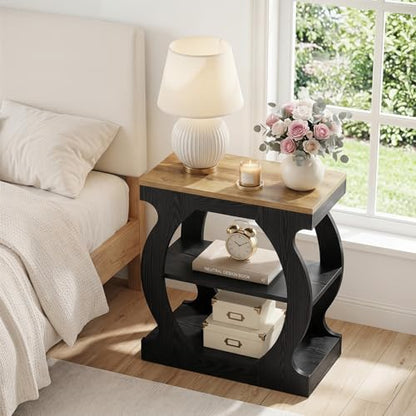 Tribesigns 23.6" Nightstand with 3-Tier Storage, Modern Narrow Bedside Table with Curved Frame for Bedroom, Rustic Oak & Black
