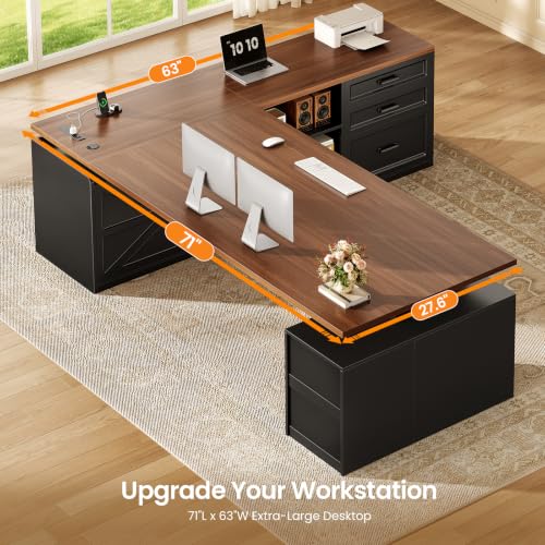 71" Executive L Shaped Electric Standing Desk with 6 Drawers, view 5