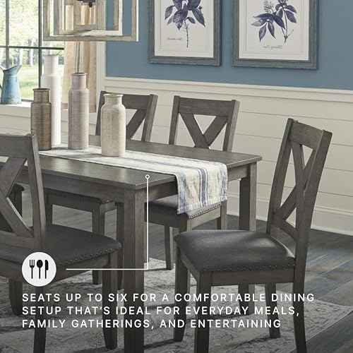 Signature Design by Ashley Caitbrook Rustic 7-Piece Dining Set – Rectangular Table with 6 X-Back Upholstered Chairs, Gray