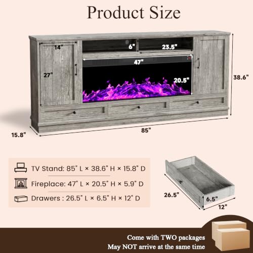85" Large TV Stand with 47" Fireplace, 85" W & 39" H, Gray, view 3