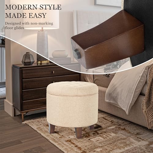 19" Button Tufted Round Storage Ottoman - Tan Woven