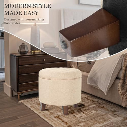19" Button Tufted Round Storage Ottoman - Tan Woven
