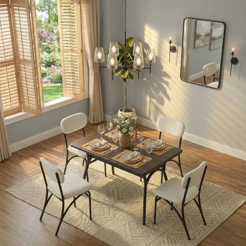 5-Piece Dining Table Set for 4, Modern Kitchen Table with 4 Boucle Chairs, Rectangular Dining Table with Storage Shelf & Marble Tabletop, Home Dining Furniture for Small Space, Beige+Black