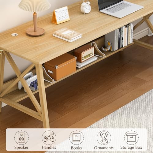 NELYE Extra Long Writing Desk with Bookshelf, 47" Wx16 Dx30 H, Oak, view 4