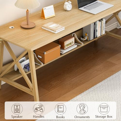 NELYE Extra Long Writing Desk with Bookshelf, 47" Wx16 Dx30 H, Oak, view 4