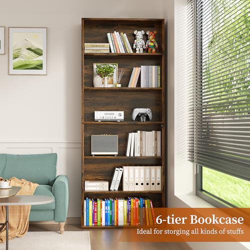 6-Tier Open Bookcase and Bookshelf, Floor Standing Wood Display Storage Shelves 71 Inch Tall Bookcase Home Decor Furniture for Home Office, Living Room, Bed Room, Rustic Brown, 2 Pieces