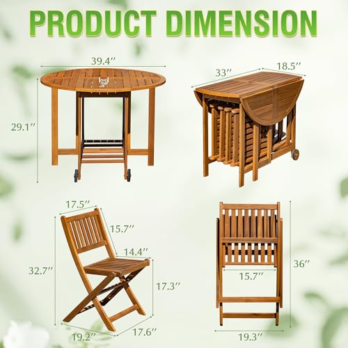 5 Piece Patio Dining Set Outdoor Acacia Wood Furniture All-Weather Folding Round Table and Chairs for Backyard, Balcony, Porch, Deck, Garden, Light Brown