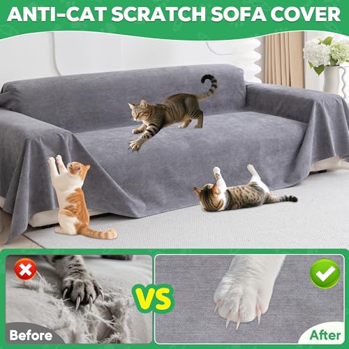 Cat Scratch Furniture Protector - Anti-Slip, Waterproof Sofa Cover to Keep Cats Off, Pet-Friendly Couch Protectors for 3 Cushion Couch, Gray Anti-Scratch Couch Cover for Pets and Kids 134"X71"