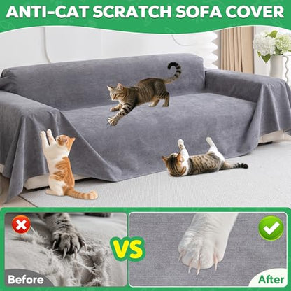 Cat Scratch Furniture Protector - Anti-Slip, Waterproof Sofa Cover to Keep Cats Off, Pet-Friendly Couch Protectors for 3 Cushion Couch, Gray Anti-Scratch Couch Cover for Pets and Kids 134"X71"