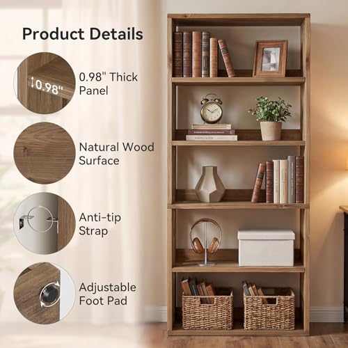 Solid Wood Bookshelf, 5-Tier Farmhouse Bookcase with Storage, view 7