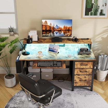 Gaming Desk with LED Lights and Power Outlets, 47 Inch Home Office Desks with Keyboard Tray, Computer Desk with File Drawers Cabinet, Writing Table PC Desks with Monitor Stand, Rustic Brown