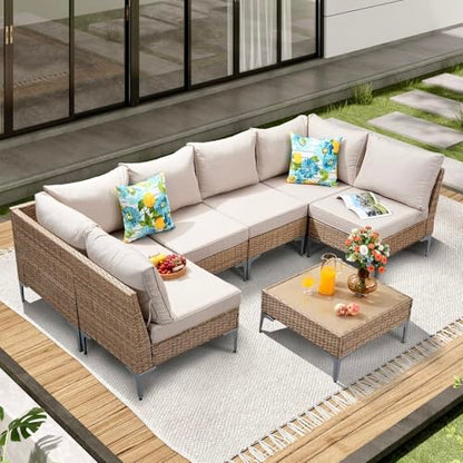 7 Piece Wicker Patio Furniture Set,Outdoor Conversation Sectional Sofa w/Coffee Table,All-Weather Outdoor Sofa with Thick and Anti-Slip Cushions for Deck,Poolside,Garden,Beige