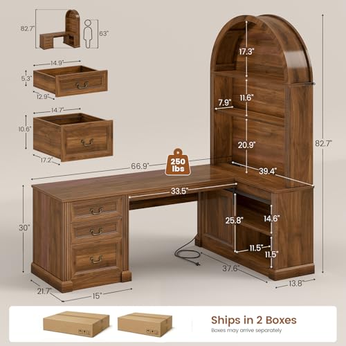 67" L Shaped Desk with Tall Arched Bookshelf & 3 Drawers Storage, view 4