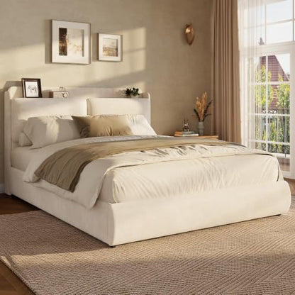 Queen Upholstered Bed Frame with Shelf & Drawers- Beige, view 2