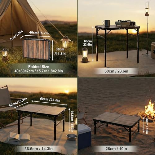 Small Folding Camping Table, 2ft Portable Picnic Table Aluminum 24" x 16" Folding Table, 3 Adjustable Heights Portable Lightweight Table Dining Table for RV, Picnic, Beach (Wood Grain)