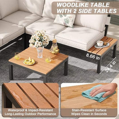 4-Piece Patio Furniture Set,Metal Outdoor Sectional Sofa with 3 Fauxwood Tables &Adjustable Reclining Chair,Patio Modular L Shape Sofa with Thickened Cushions for Backyard,Deck,Balcony,Beige