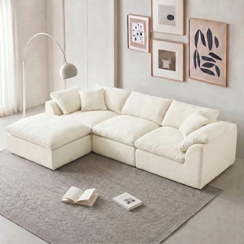 110" Boneless Cloud Couch Sectional for Living Room, Oversized Modular L Shaped Sofa with Ottoman, Deep Seat Chenille Sectional Couch for Cloud-Like Comfort (Beige)